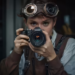 the girl holds up her camera and lens for a photo