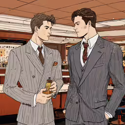 two men standing next to each other near a bar,two young men dressed in suits are holding beverages