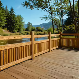 the deck overlooks a pond and trees