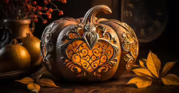 a couple pumpkins with a decorative carving