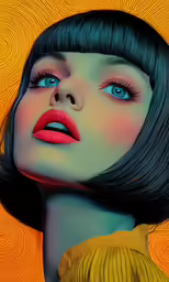 a young woman with dark hair and bright blue eyes wearing orange