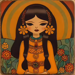 a painting with flowers and a lady in the center