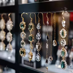 many types of earrings are hanging in a window
