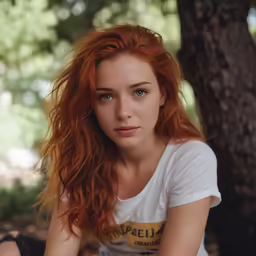 a woman with long red hair sitting in the woods
