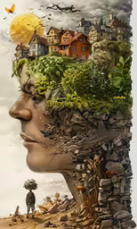 the man is staring at the building on the top of his head