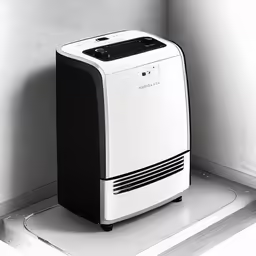 a compact heater in a corner sitting on the wall