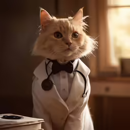 a cat wearing a white jacket and bow tie sitting in front of a box