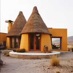 two thatched houses with a round patio in the desert