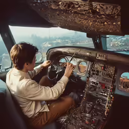 a person sits inside of an airplane cockpit