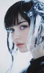 a close up of a person with water flowing across her hair