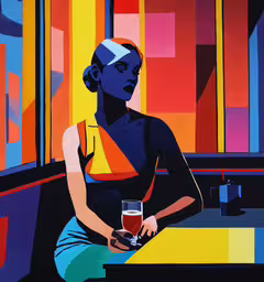 a painting of a woman sitting on a table,an image of woman holding a wine glass with a background