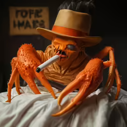 a puppet dressed in an orange hat smoking a cigarette