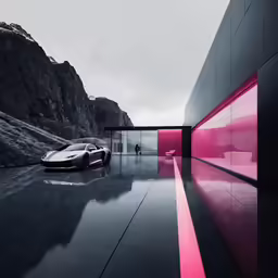 the sleek car is parked in the large area