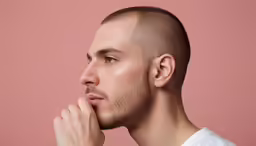 a man with a shaved head wearing a white shirt
