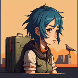 a young boy with blue hair and bangs with luggage