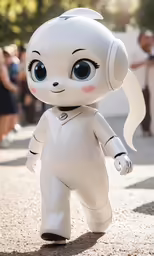 white and black toy walking on pavement in open area
