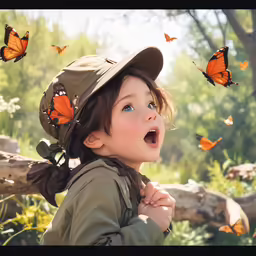 the boy is watching butterflies fly over his head