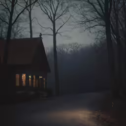 a house with a lighted driveway and fog in the woods