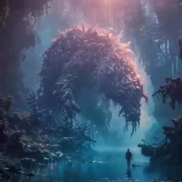 the giant robot man standing in front of a lake