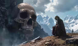a man sitting on top of a hill next to a giant skull