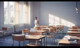 a young woman standing near rows of desks in a classroom