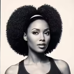 a woman with an afro with the top hair pulled back