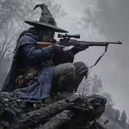 a man with a hat and cloak holding a rifle and wearing a costume and carrying a bag