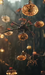 many chandeliers on a tree with some hanging off them
