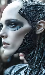 a woman with black hair and dark make up