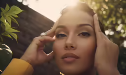 a young woman with a ring on her head holding her hands up to her ear