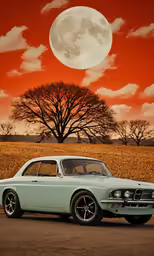 a car driving down a road under the moon