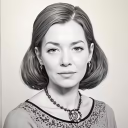 a black and white image of a woman wearing a necklace