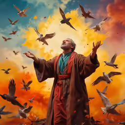 a man in an orange robe surrounded by birds