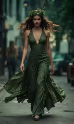 a woman is walking down a street with an outfit on