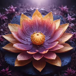 a large water lily with purple petals in the foreground,a large pink flower sitting on top of a pool
