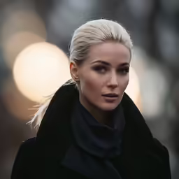 a woman with blond hair and black coat