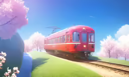 a red passenger train moves past a group of flowering trees