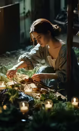 a young woman is decorating candles and food