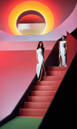 two women in dresses standing on a staircase