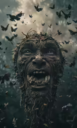 a face and moths in the sky, with one of them biting