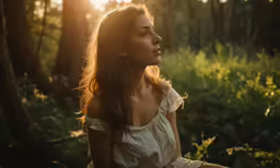 a woman sitting in the forest at sunset