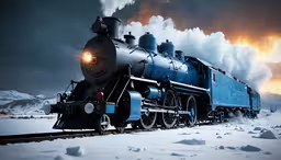 an old blue and white train is coming down the tracks,an old train with its lights on sitting in the snow