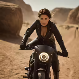 woman riding a motorcycle on desert sand with rocks in the background