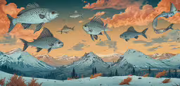 an artistic fish illustration shows fish swimming in the water,a group of fish fly over mountains in the sky