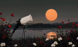 a bird feeder surrounded by red flowers near water