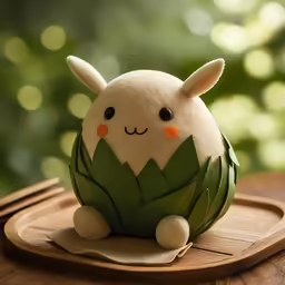 a decorative toy sits on a wooden tray