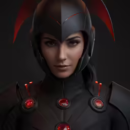 a woman in armor and a red light