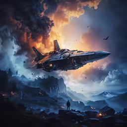 a sci - fi fi fighter flying over a giant mountain
