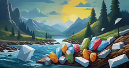 an image of a painting of colorful rocks by the water