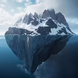 an iceberg in the middle of a sea surrounded by mountains